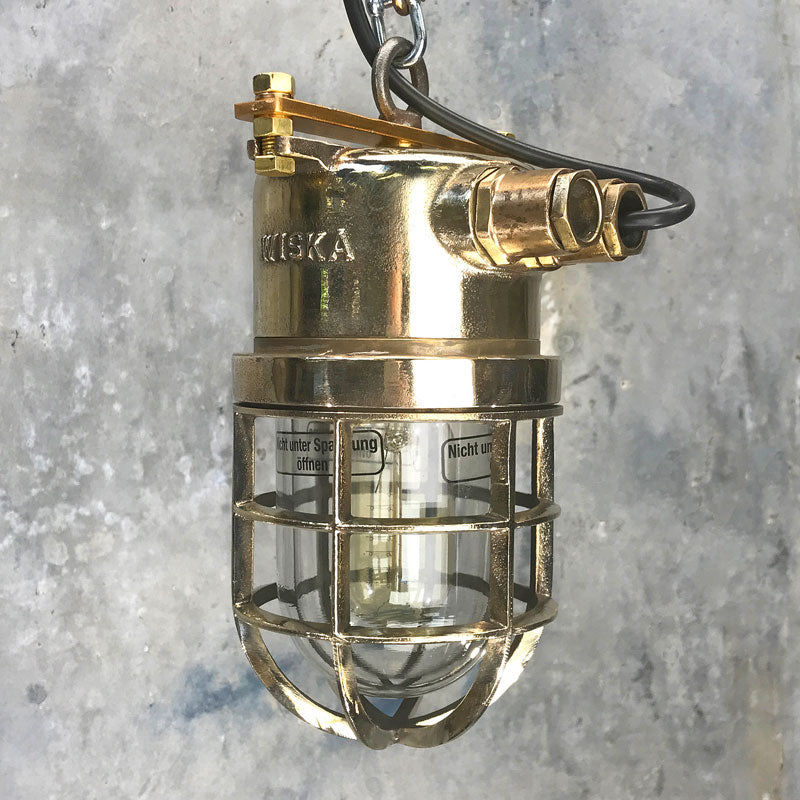 Vintage Industrial Brass explosion proof cage light. Industrial style ceiling pendant with cast brass cage by Wiska