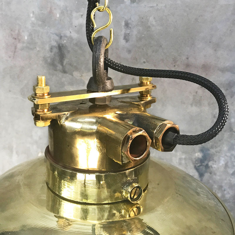 Brass explosion proof cage light for ceiling. A vintage industrial style original ceiling light restored ready to use