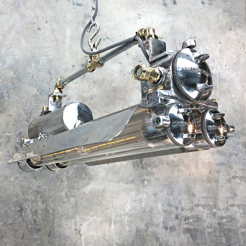 An original industrial flameproof vintage striplight with edison led tubes finished with a ultra high gloss polished aluminium. Made by Daeyang a Korean manufacturer of industrial fixtures