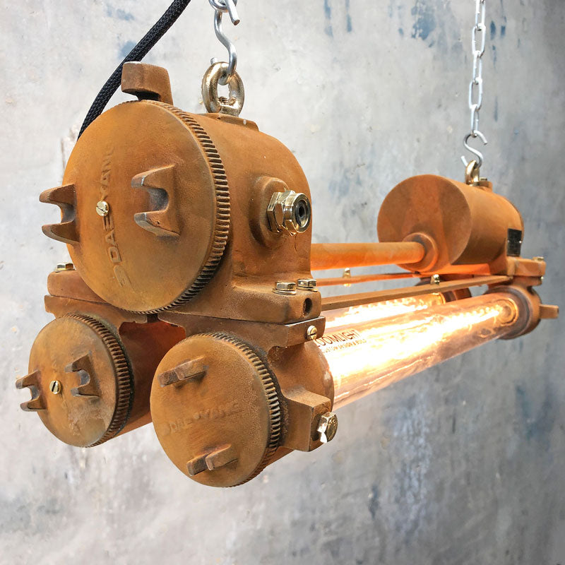 Rusted industrial ceiling lighting. This is an reclaimed vintage strip light circa 1970 which has been restored and a rust finish has been applied for a modern rustic makeover. Originally manufactured by Daeyang fitted with Edison LED tubes.