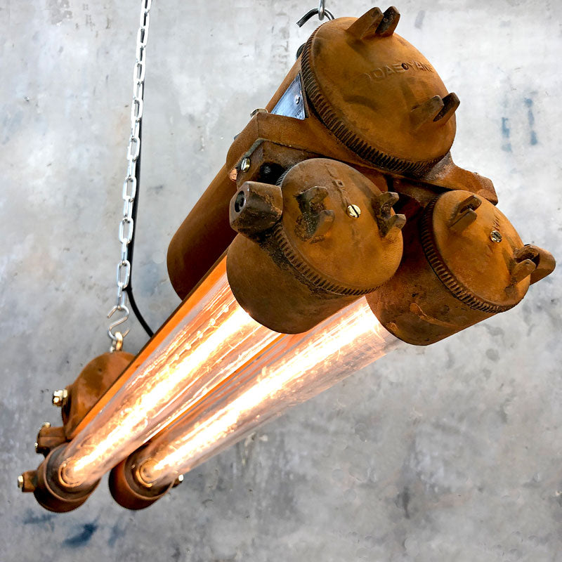Rusted industrial ceiling lighting. This is an reclaimed vintage strip light circa 1970 which has been restored and a rust finish has been applied for a modern rustic makeover. Originally manufactured by Daeyang fitted with Edison LED tubes.