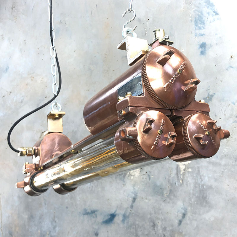 Shop our copper tube light, a reclaimed ceiling light professionally restored. This vintage industrial flameproof light is fitted with LED Edison tubes. We ship worldwide. 