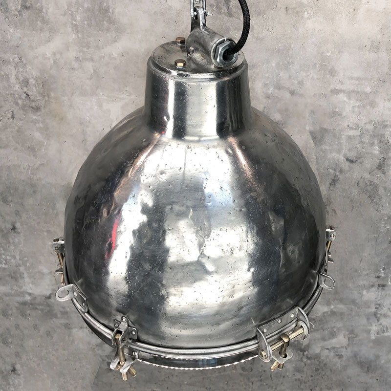 Shop vintage industrial aluminium dome pendant light. These ceiling lights are reclaimed and restored ready for modern interiors compatible with LED filament light bulbs. 