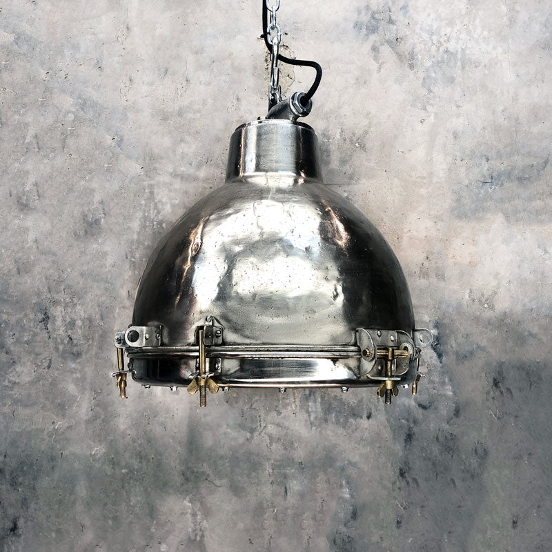 Dome pendant light made out of aluminium . This is a vintage industrial dome ceiling light reclaimed and restored for modern interiors. 