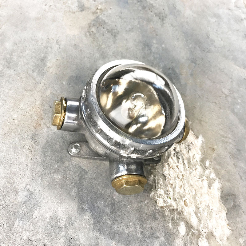 vintage cast aluminium industrial spot light for indoors or outdoor use. Industrial style circular wall light fixture for small spaces. Reclaimed, restored and ready to repurpose.