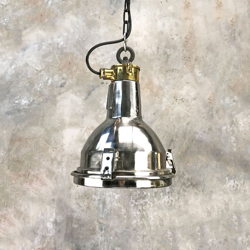 shop our stainless steel pendant light. Vintage industrial lighting restored ready for modern interiors and compatible with LED Light bulbs.  Ideal industrial style kitchen lighting
