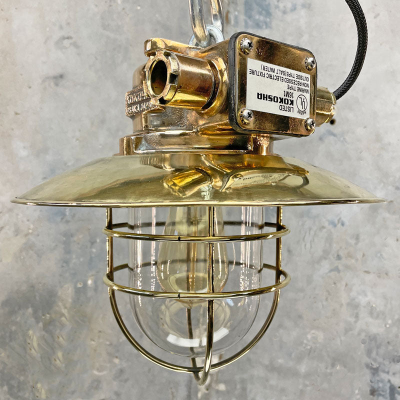 Vintage industrial brass cage light for the ceiling, made by Kokosha restored by British lighting restoration specialists Loomlight