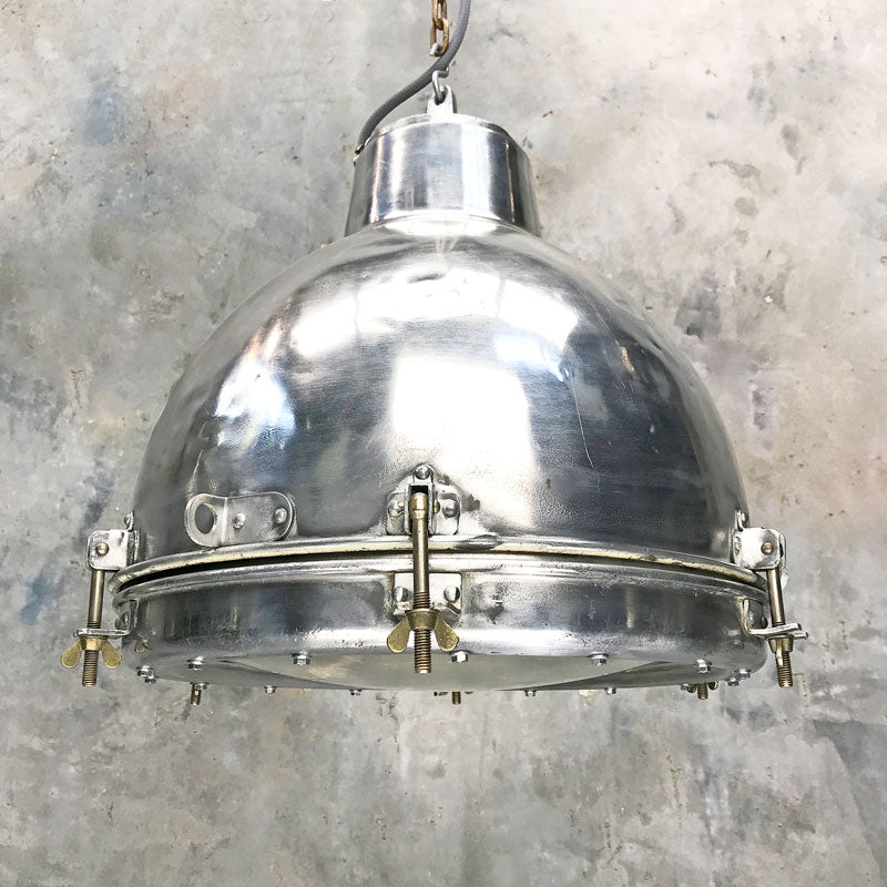 Shop for aluminium industrial dome ceiling light, a vintage pendant light reclaimed and restored compatible with LED filament light bulbs. Ready for modern interiors. 