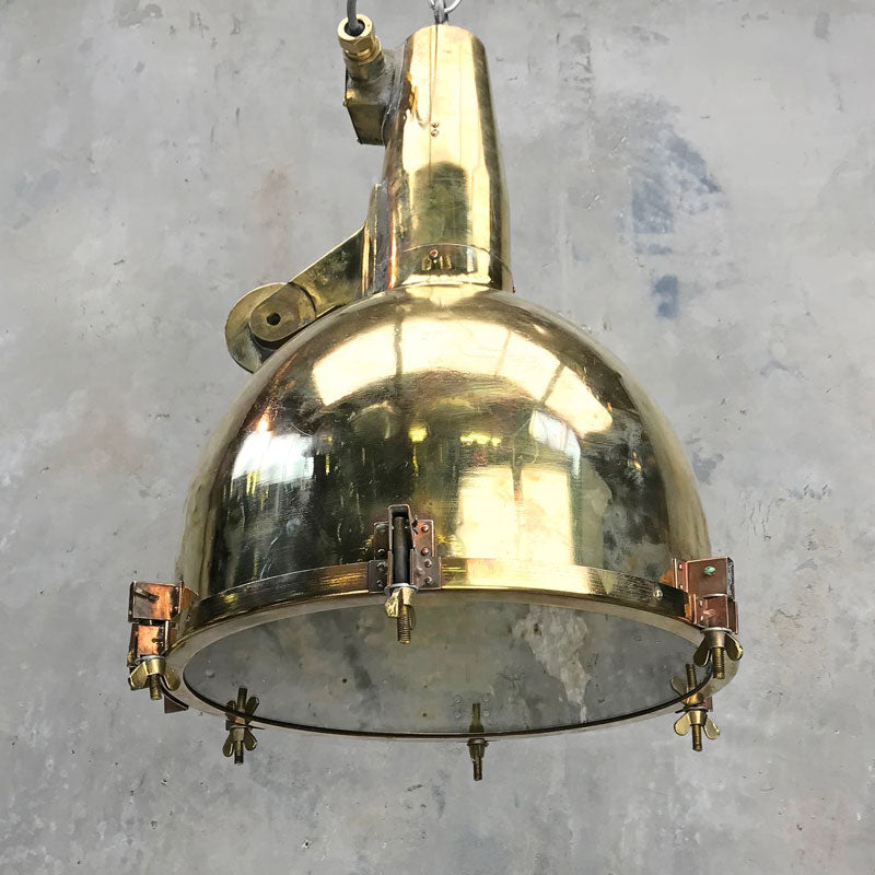 Large Vintage brass pendant light reclaimed and restored by Loomlight ready to install. Industrial style brass lighting