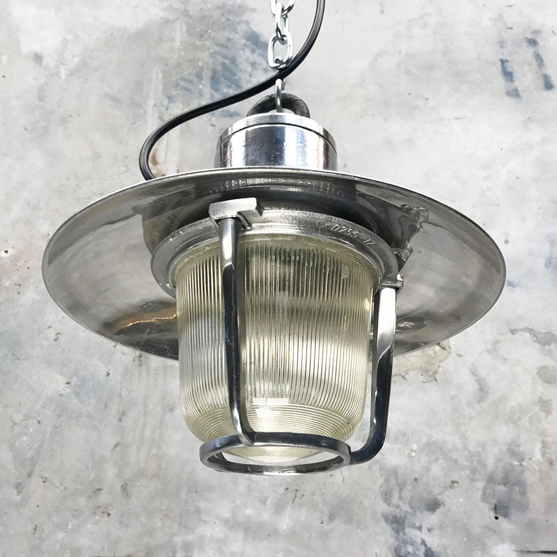 vintage industrial aluminium marine pendant light with a fresnel glass cover which diffuses the illumination