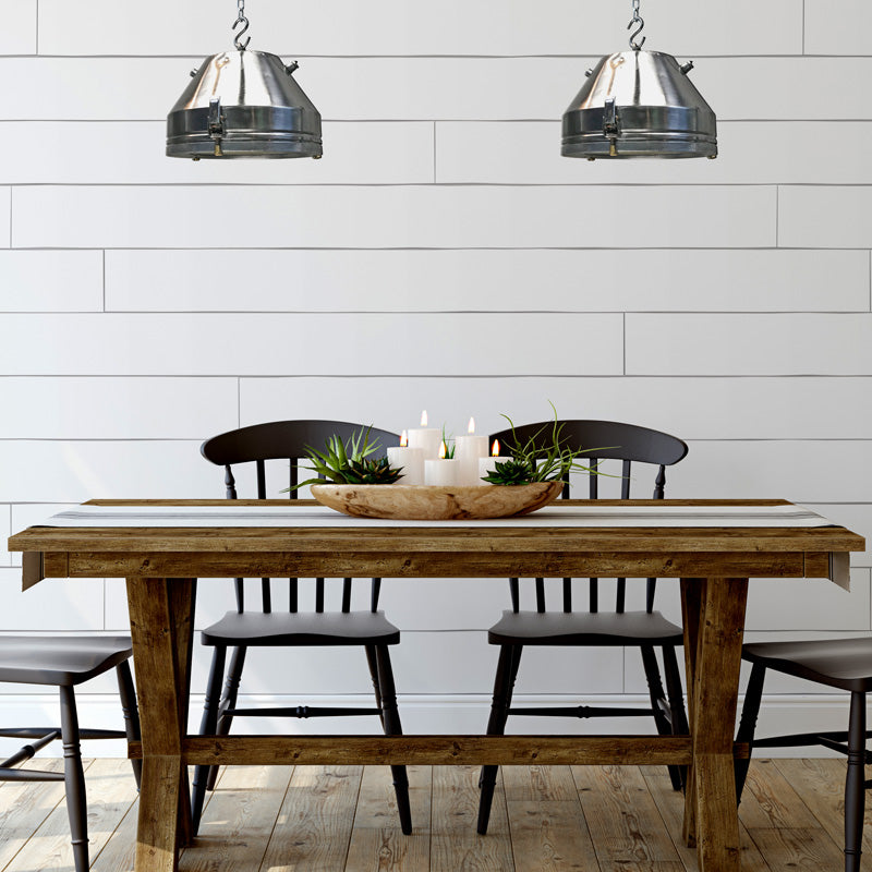 vintage industrial aluminium & steel ceiling light over a rustic dining table