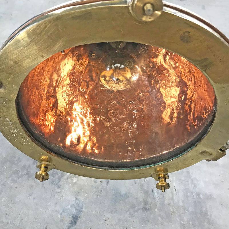 Vintage industrial Copper & brass cargo ceiling light restored for use in modern interiors and compatible with LED light bulbs