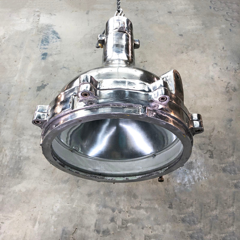 Original industrial large aluminum engine room ceiling lighting with tempered glass cover. Reclaimed & professionally restored by Loomlight in UK for modern interiors. Diameter: 43cm.