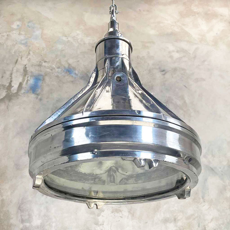  large industrial light pendants. Our aluminium atex lights are reclaimed and restored for modern use compatible with LED light bulbs.  We provide worldwide shipping.