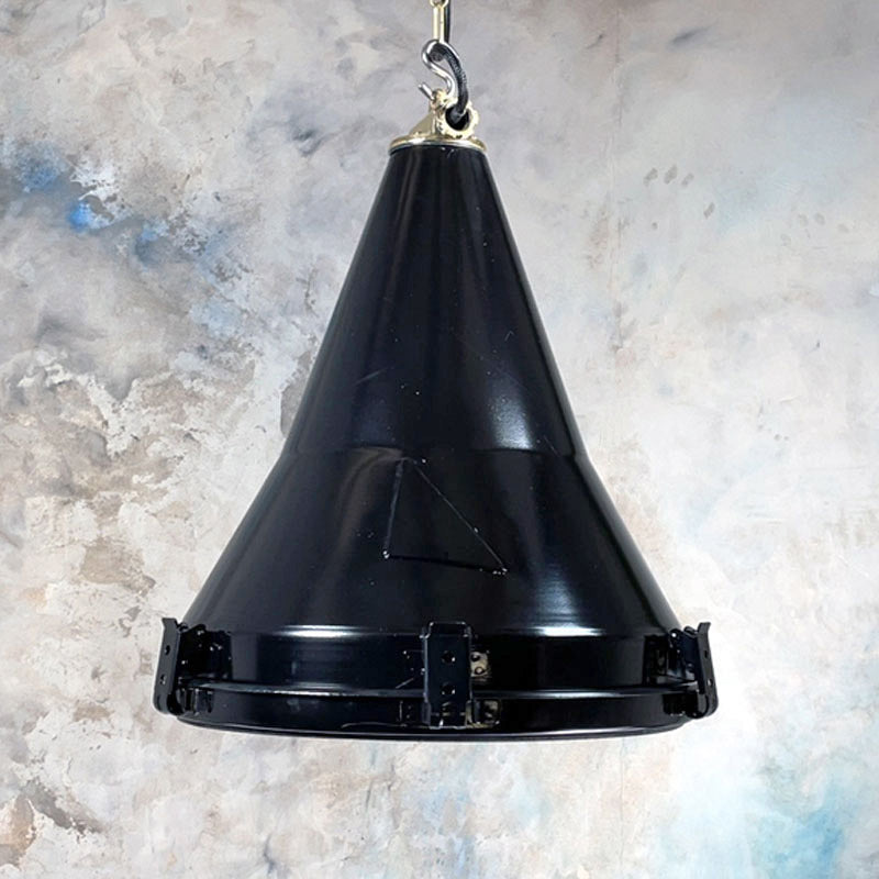Vintage industrial black conical ceiling light. Reclaimed from cargo ships and refurbished by Loomlight. Compatible with LED light bulbs. Manufactured in the 1970's by Daeyang a Korean manufacturer of industrial grade fixtures & fittings.