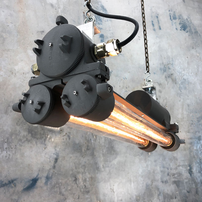 Industrial Black Edison Vintage Striplight for the ceiling. An original industrial aluminium ceiling light finished in black and refurbished with dimmable LED Edison filament tubes. Made by Daeyang in 1970's for use on cargo ships and super tankers.