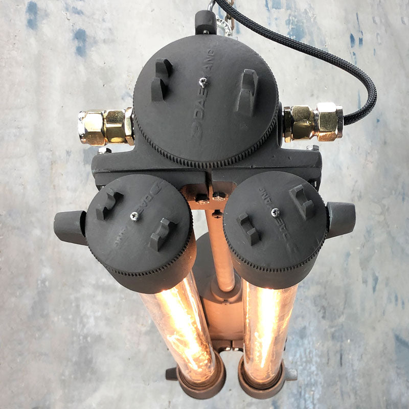 Industrial Black Edison Vintage Striplight for the ceiling. An original industrial aluminium ceiling light finished in black and refurbished with dimmable LED Edison filament tubes. Made by Daeyang in 1970's for use on cargo ships and super tankers.