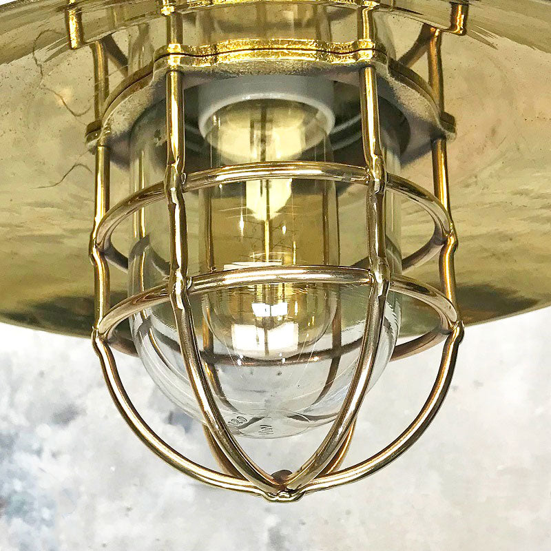 Vintage industrial brass cage light for ceiling hanging. Made by Wiska refurbished by British lighting restoration specialists Loomlight