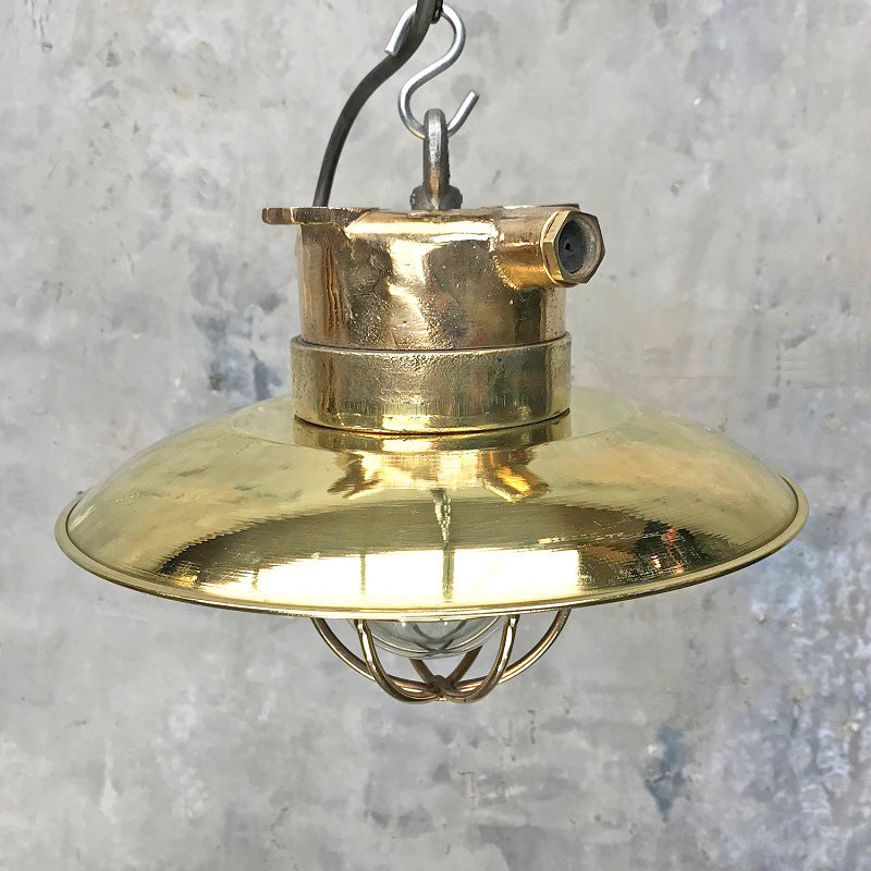 Vintage industrial brass cage light for ceiling hanging. Made by Wiska refurbished by British lighting restoration specialists Loomlight