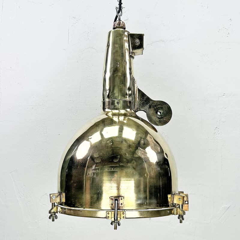 Extra Large brass searchlight ceiling pendant. This is a vintage industrial ceiling light. Restored & rewired ready for modern interiors.