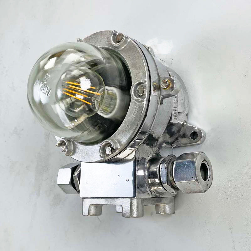 flameproof lighting also known as atex lighting is designed for use in industrial environments where safety comes first. These cast aluminium wall lights are solid. Ideal if you want something robust and industrial style. The glass dome is double thickness safety glass.