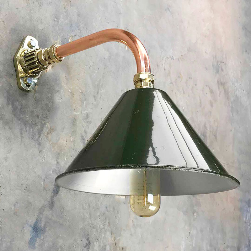 industrial style green wall lamp with a copper & brass wall arm cantilever fixture