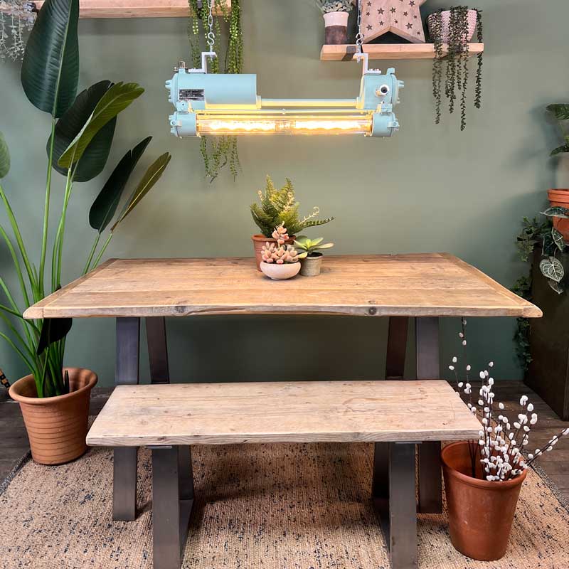 Vintage industrial striplight refurbished with dimmable edison LED tubes and finished with a matte duck egg green paint. Ceiling mounted over a rustic dining table