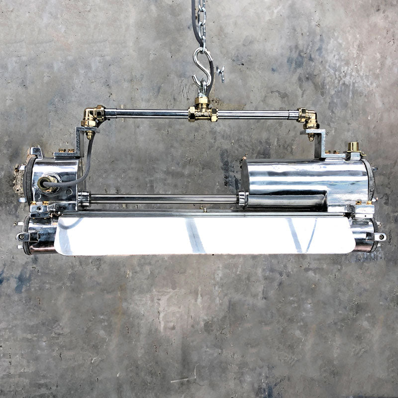 An original industrial flameproof vintage striplight with edison led tubes finished with a ultra high gloss polished aluminium. Made by Daeyang a Korean manufacturer of industrial fixtures
