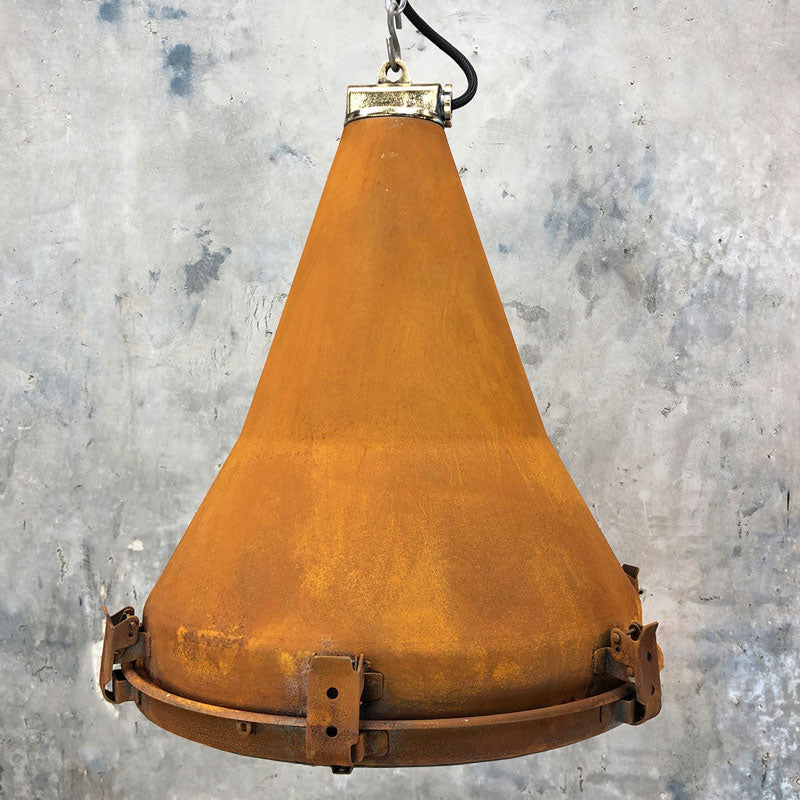 A vintage industrial conical ceiling light with applied rust finish by Korean manufacturer Daeyang.
