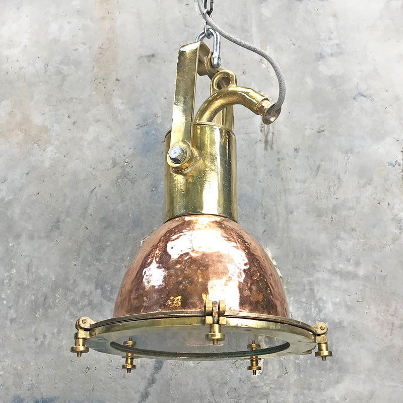 Vintage industrial Copper & brass cargo ceiling light restored for use in modern interiors and compatible with LED light bulbs
