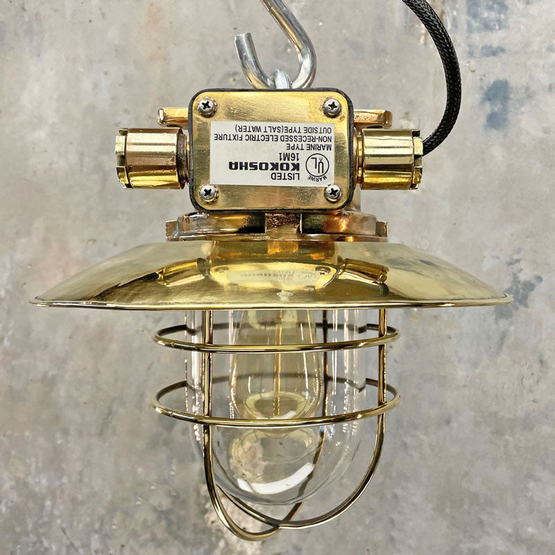 Vintage industrial brass and bronze cage ceiling light by Japanese manufacturer Kokosha. An original industrial ceiling light with an explosion proof design. Compatible with LED light bulbs.