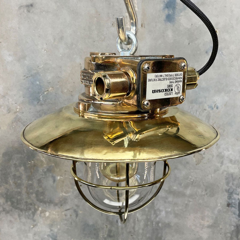 Vintage industrial brass and bronze cage ceiling light by Japanese manufacturer Kokosha. An original industrial ceiling light with an explosion proof design. Compatible with LED light bulbs.
