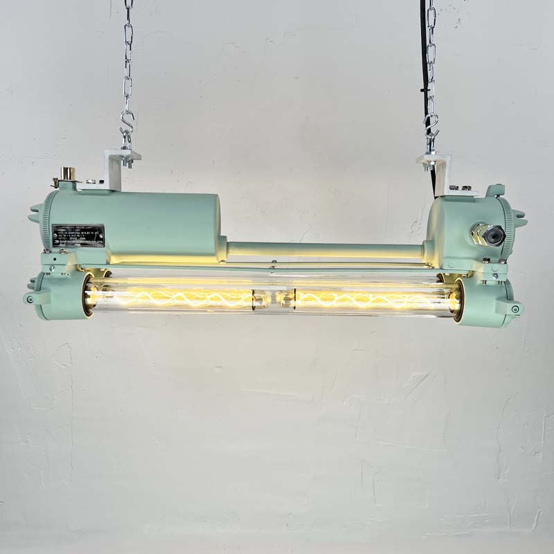 An industrial strip light in matte duck egg green fitted with Edison LED tubes, reclaimed from the engine rooms of cargo ships. Originally they were fluorescent fixtures made in the 1970's by South Korean manufacturer, Daeyang. Extensively refurbished with dimmable LED Edison tubes and a matte paint finish. These ceiling lights are ready to install in contemporary interiors. 