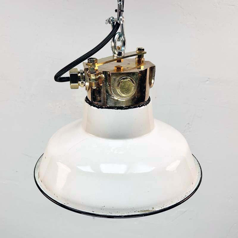 shop our vintage pendant light which comprises a white vitreous enamel shade and an explosion proof bronze cage lamp. Ideal as vintage kitchen lighting as they are fully restored and rewired compatible with LED light bulbs.