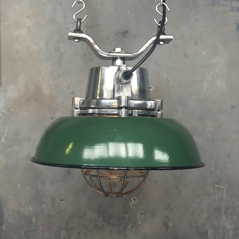 Vintage industrial green Ceiling pendant with protective cage