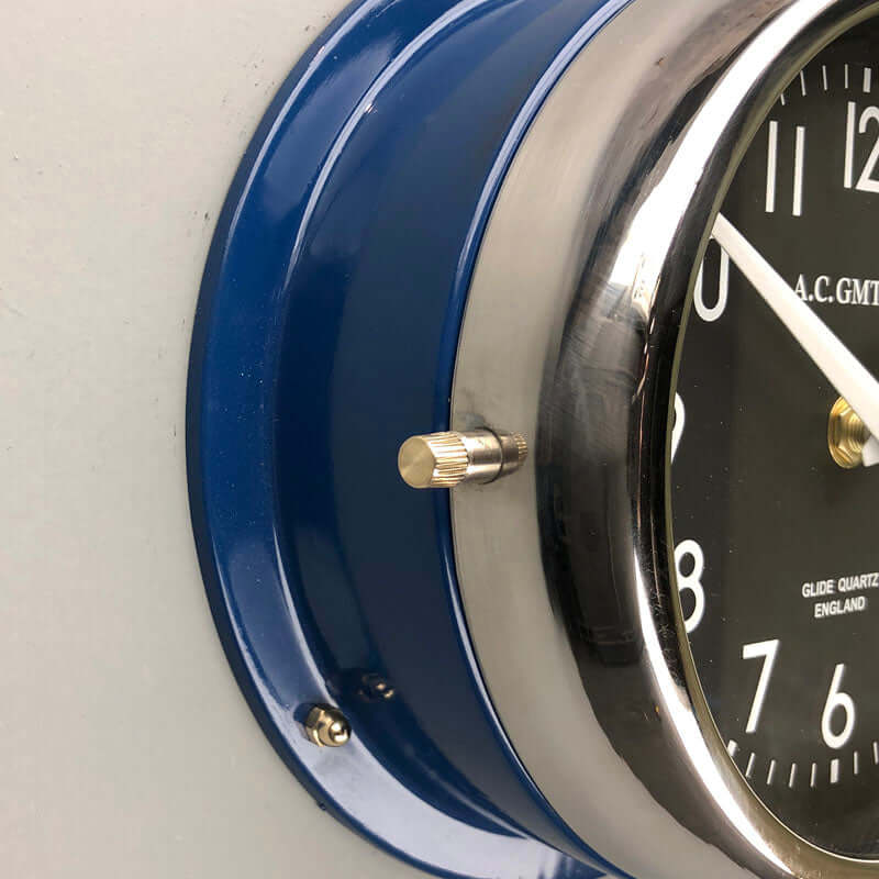 Navy Blue nautical wall clock salvaged and restored with Quartz silent sweep seconds hand movement meaning this clock is non-ticking.