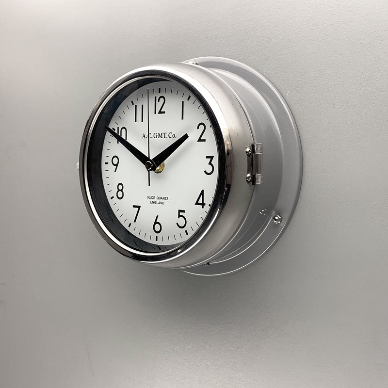 A non-ticking silent nautical grey wall clock with white face reclaimed and restored by AC.GMTco with Quartz silent sweep seconds hand