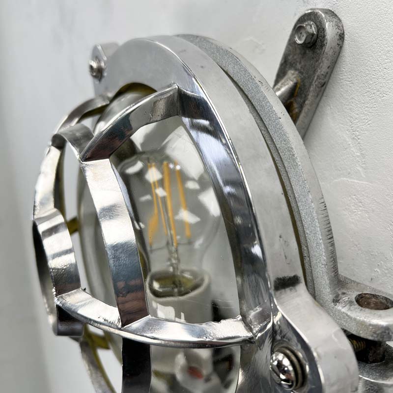 Vintage industrial aluminium circular bulkhead wall light with target cage & LED light bulb