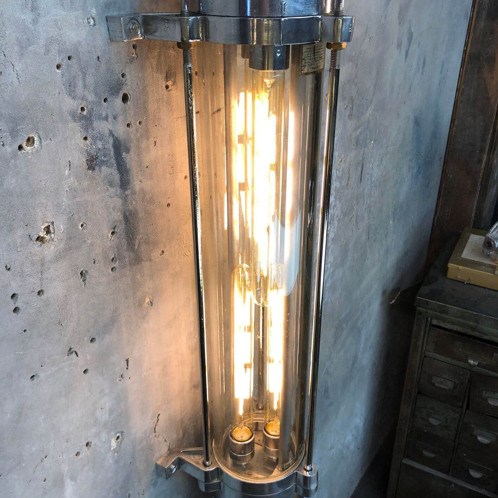 a vintage industrial style aluminium wall mounted flameproof strip light with Edison LED tubes.