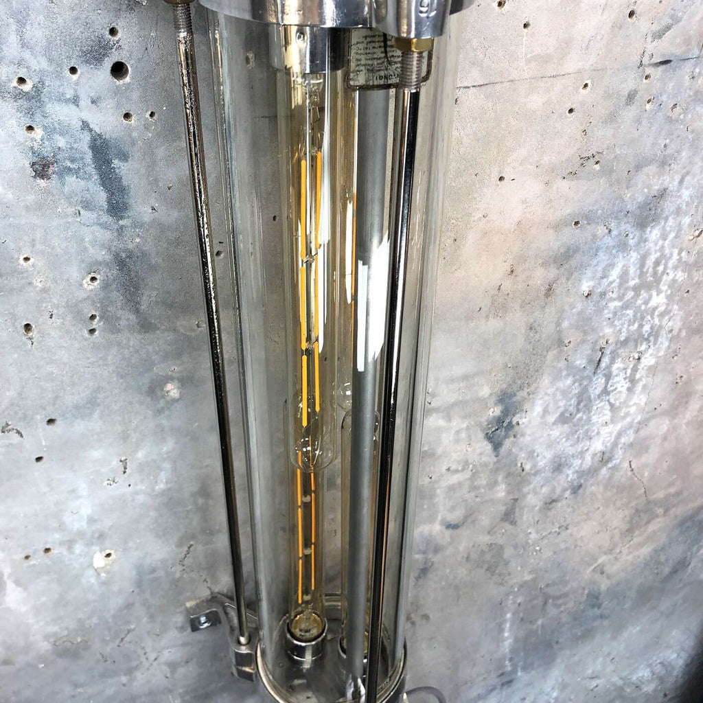 a vintage industrial style aluminium wall mounted flameproof strip light with Edison LED tubes.