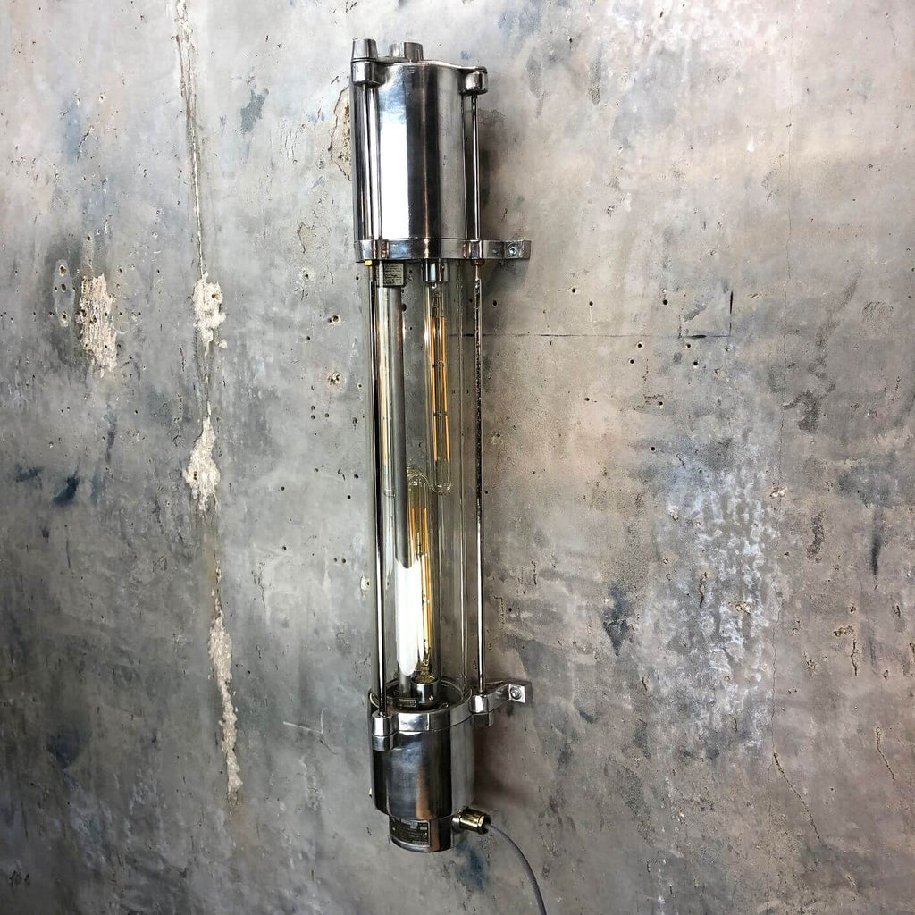 a vintage industrial style aluminium wall mounted flameproof strip light with Edison LED tubes.