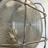 Vintage industrial round outdoor bulkhead light with prismatic glass and protective cage, can also be used as industrial style wall lighting for interiors too, 