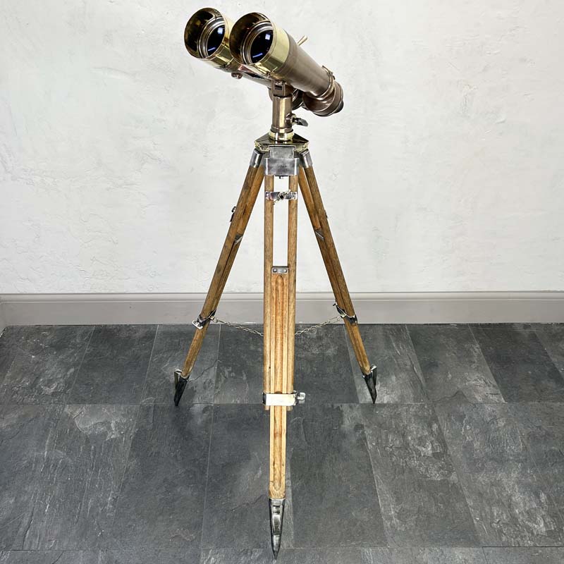 Nikon 15 x 80 4 degree naval vintage binoculars finished with bronze veneer and wooden tripod.
