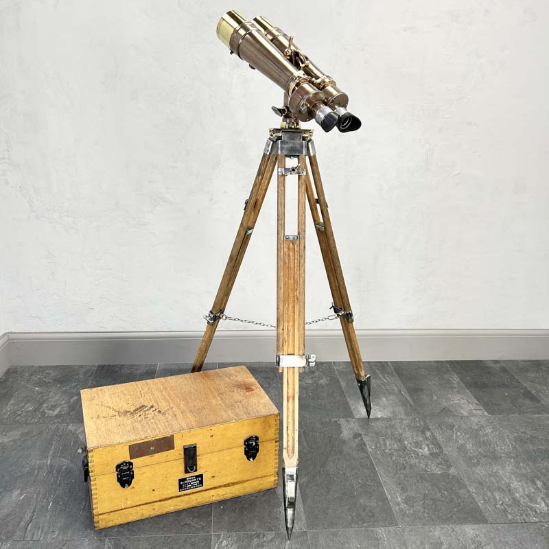 Vintage Nikon 15x80 4 degree naval binoculars finished with bronze veneer and wooden tripod.