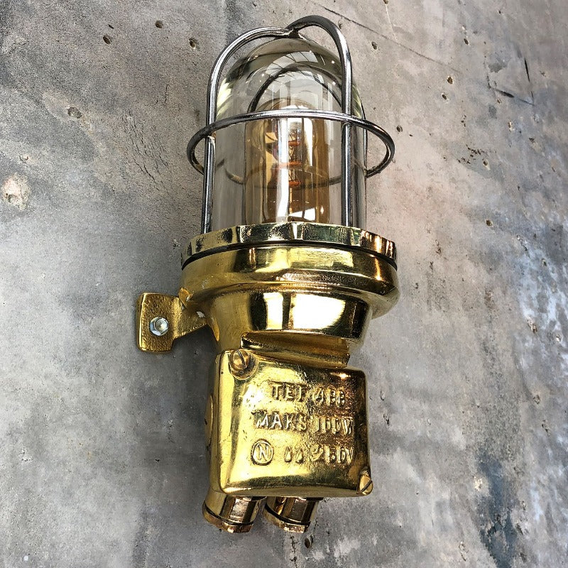 A retro industrial brass outdoor wall light with protective glass shade and cage