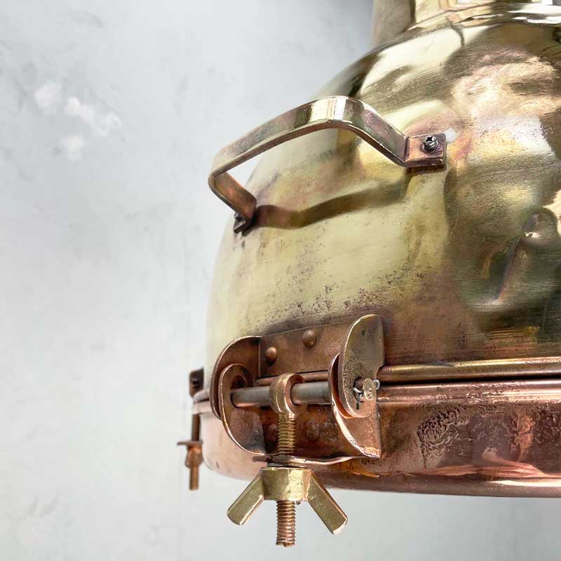 Vintage industrial Brass & Copper dome hanging lights. reclaimed and restored for modern authentic rustic and industrial style interiors.
