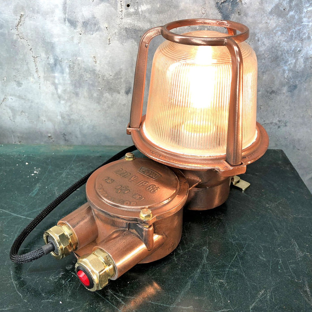 Vintage industrial 1970's copper and brass table lamp converted from an old bulkhead lamp by EOW.
