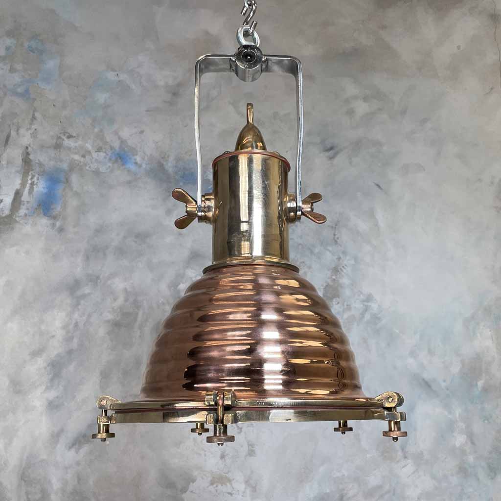 small vintage industrial copper cargo ceiling light with LED light bulb. Original Wiska light fixture professionally restored by Loomlight