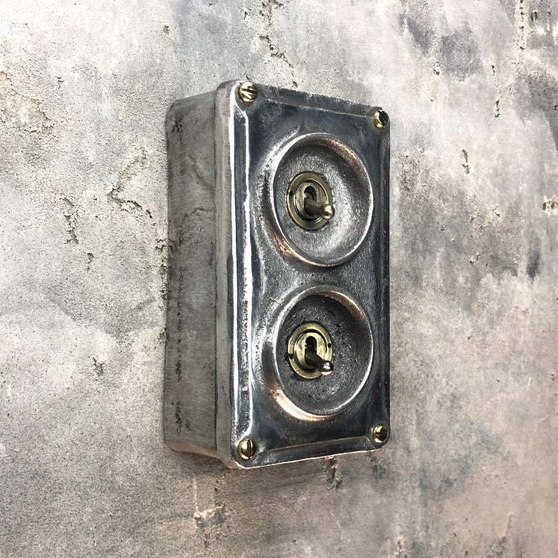 2 gang industrial light switch made from recycled alloy.
