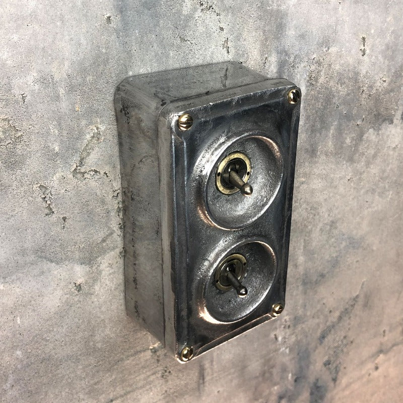 2 gang industrial light switch made from recycled alloy.
